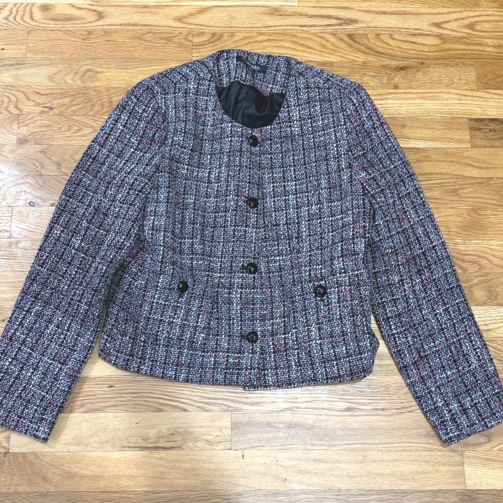 Chadwicks of Boston Pink Black Tweed Collarless Blazer Jacket Womens 8